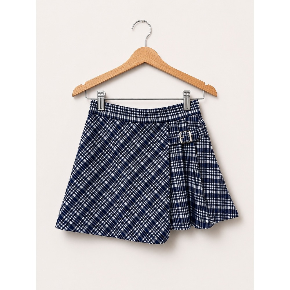 Zara Girls Navy Blue White Plaid Skort Pleated Buckle Shorts Size 10 140cm